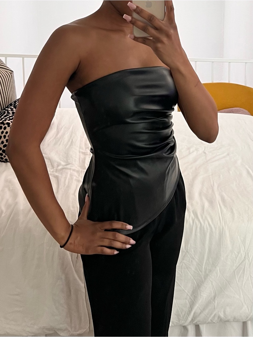 Faux-Leather Strapless Corset Top in Black